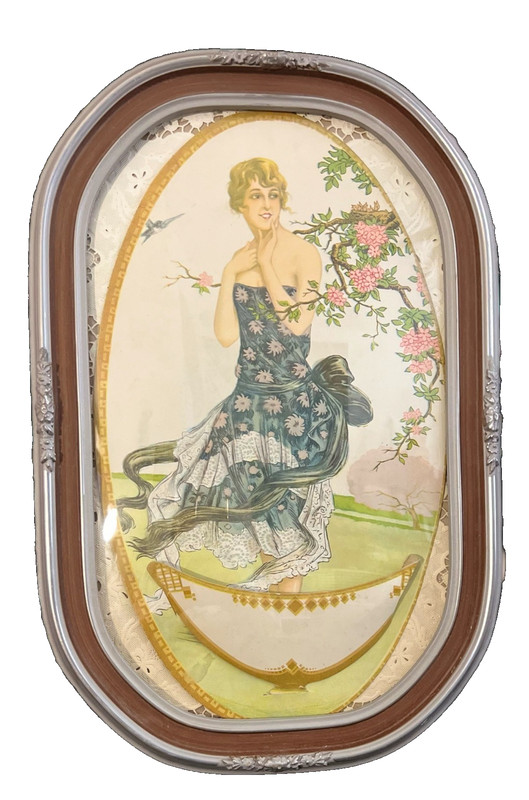 French Art Deco Lady 3D Lithograph In Antique Bubble Glass Wooden Frame