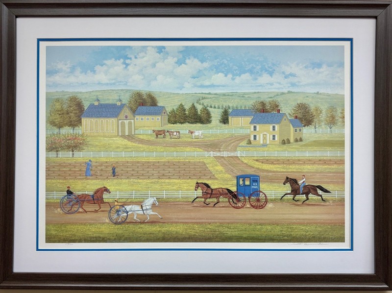 Judith Blinn «Country Racing» Signed & # Framed Primitive Art Horse Racing New