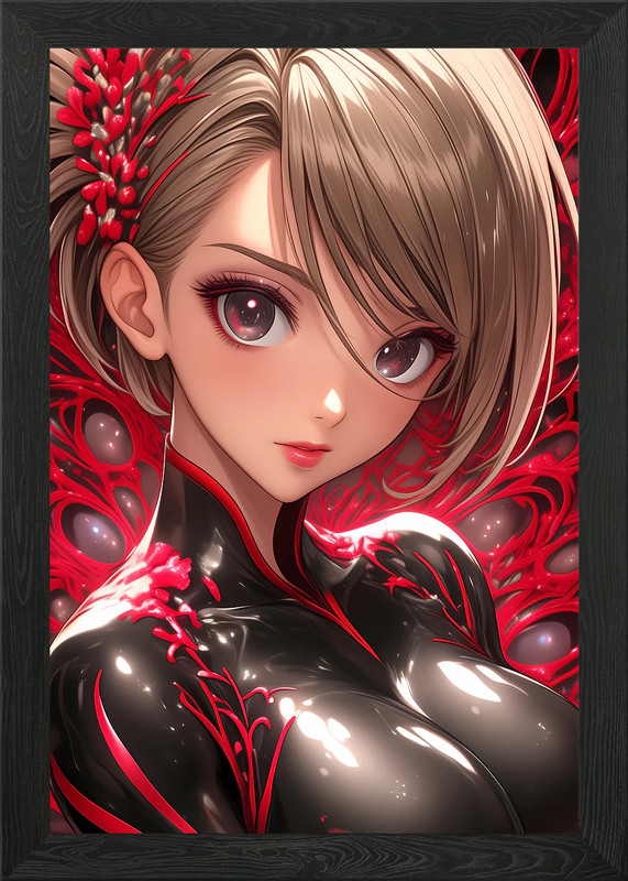 Anime Girl in Red and Black Framed Wall Art Poster Canvas Print Picture