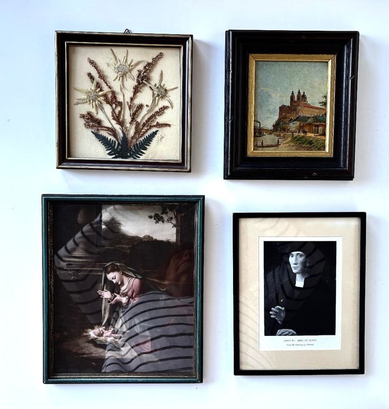 4 vintage framed wall hangings prints dried flower Madonna gallery wall decor
