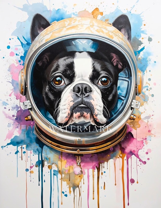 Boston Terrier Astronaut Dog Oil Painting Print Wall Art Colorful Pet Portrait G