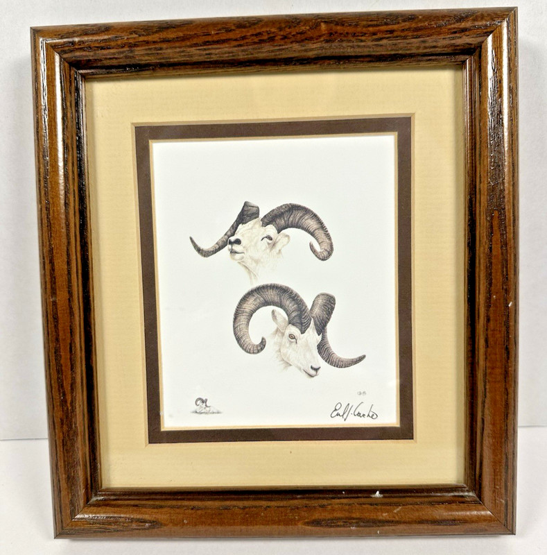 Bighorn Ram Framed Fine Art Lithograph Print Earl J Cacho VTG Wood Frame 8″x7.5″