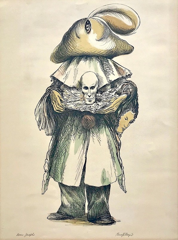 Regis MUSKETEER Signed Stone Lithograph, Headless Man Swashbuckler Hat Cape Coat
