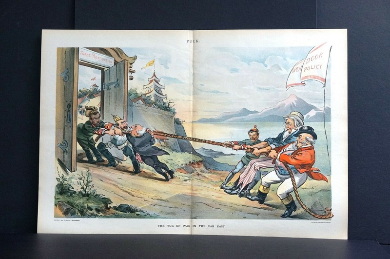 Global Trade Policy 1898 OPEN DOOR v RESTRICTIONS FAR EAST TUG of WAR Puck Print