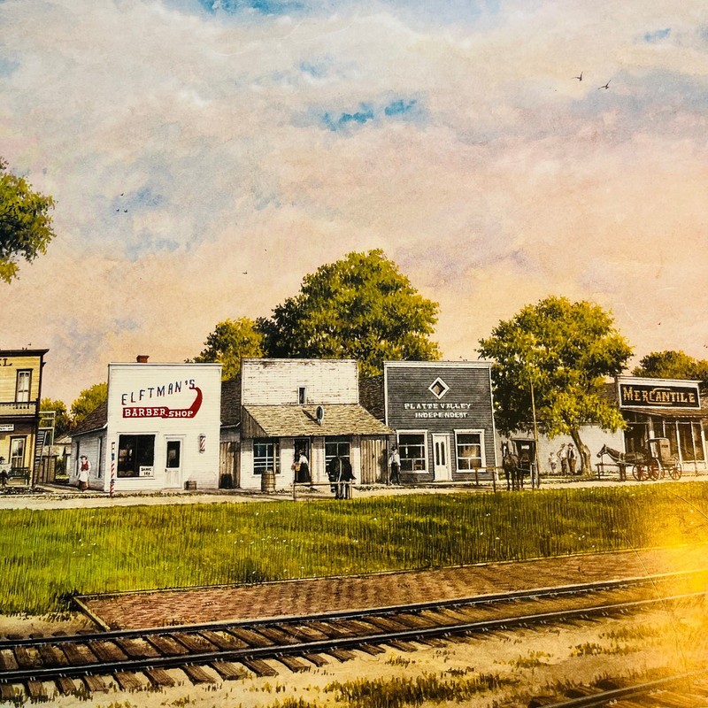 MJ Bristol Signed Print Early Morning Railroad Town in Grand Island NE 25×20 RU1