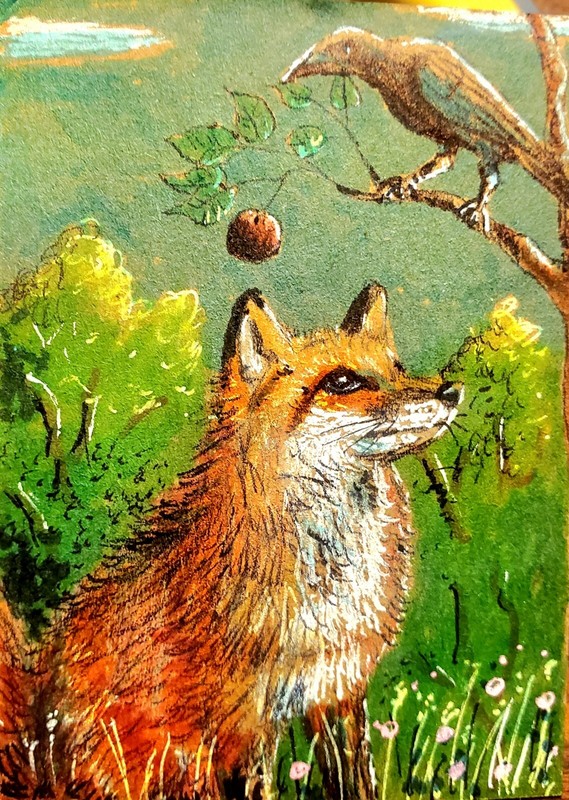 Jacob Landis Limited edition ACEO print /250 fox owl moon "Midnight Rendezvous" gallery