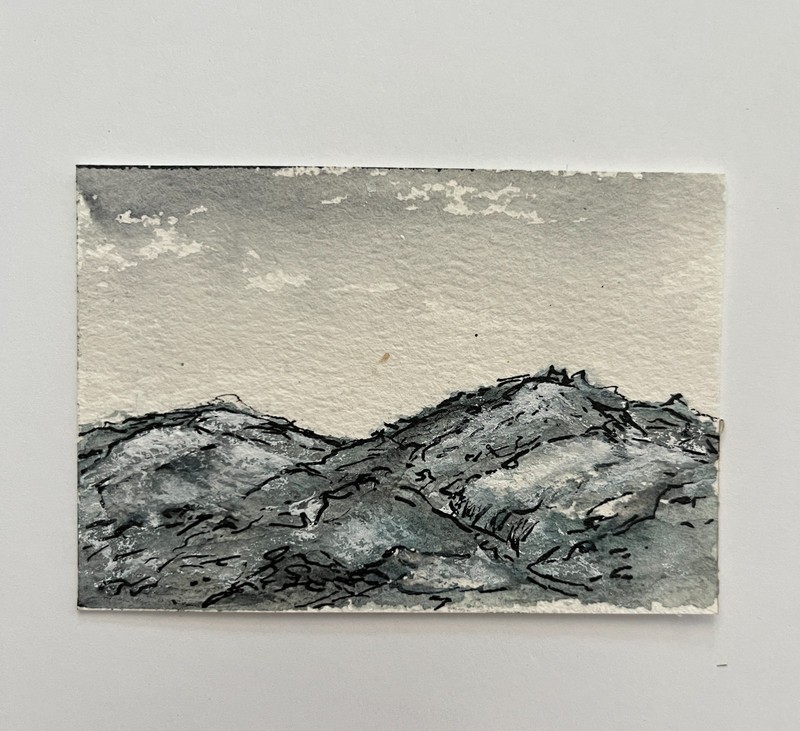 ACEO Original Watercolor Ink Grey Rocky Ridge Minimalist Moody Landscape Signed