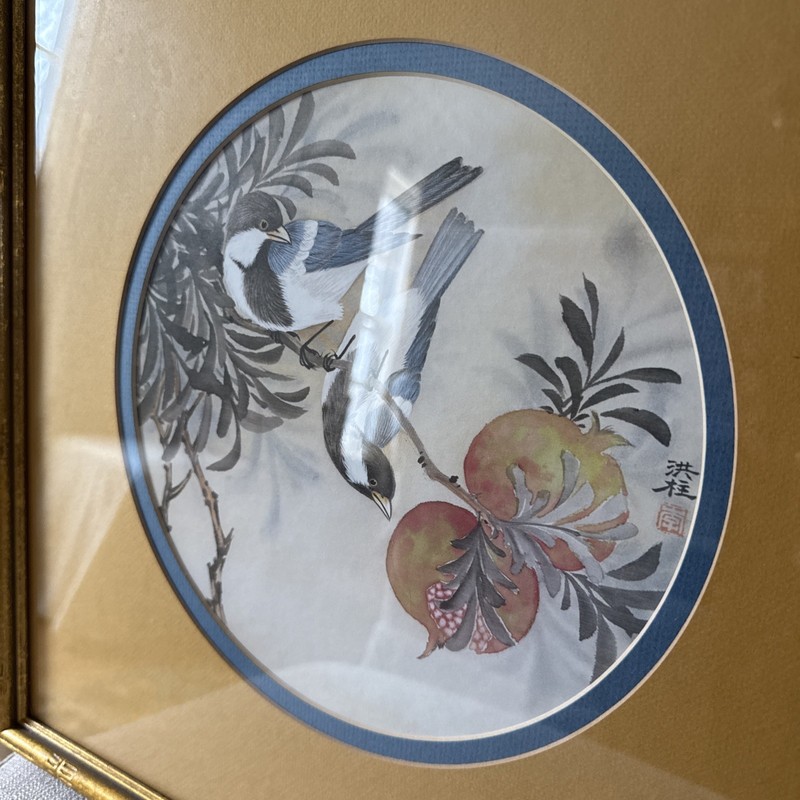 Asian Print Artwork Two Birds In Persimmon Tree faux Bamboo style gold Frame 17” gallery