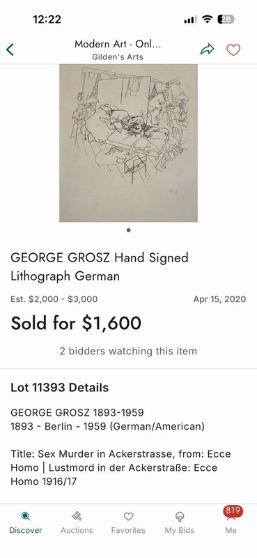 GEORGE GROSZ “Sex Murder in Ackerstrasse.” Signed Lithograph 1922 gallery