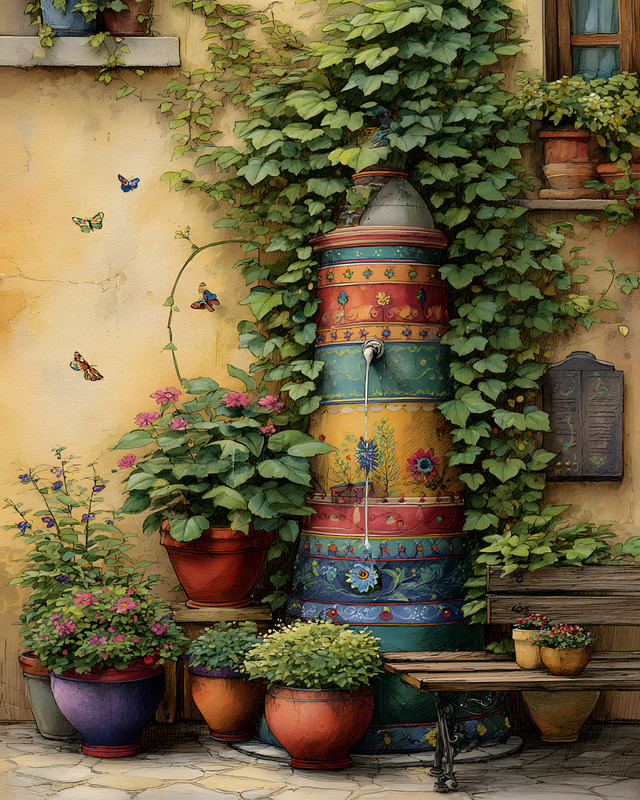 8×10 Cozy Storybook Colorful Fountain Flowers Plants Art Print – 604125798