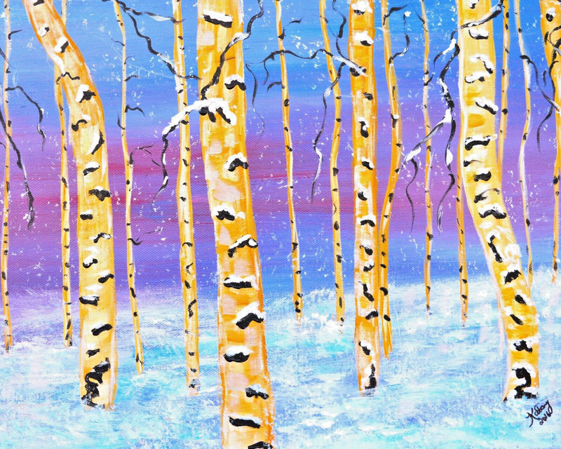 Winter aspen tree forest with snow landscape snowflakes 2.5×3.5 ACEO miniature