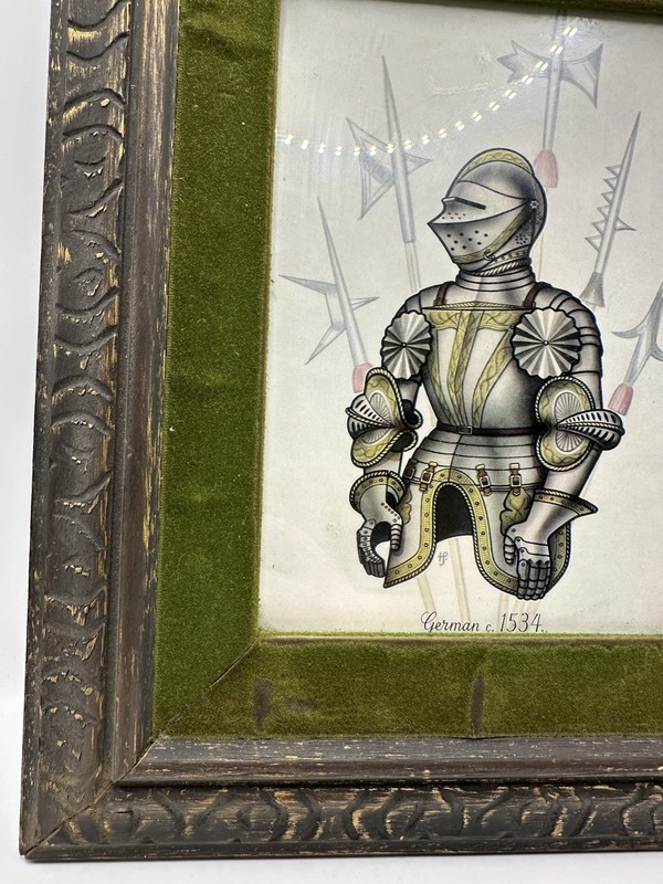 Framed Art Print Medieval Knight Weaponry Green Felt Mat Carved Wooden Frame gallery