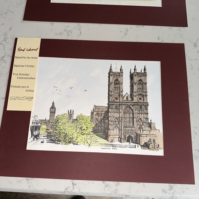 TWO 1970S SIGNED HAND COLORED GUY MAGNUS PRINTS WESTMINSTER ABBEY & HOUSE PARLI gallery