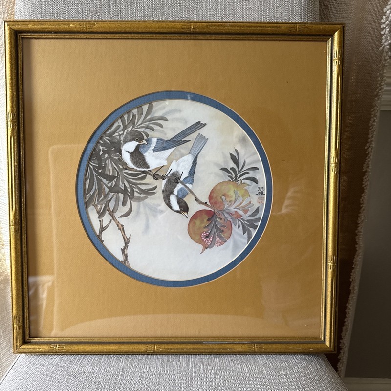 Asian Print Artwork Two Birds In Persimmon Tree faux Bamboo style gold Frame 17”