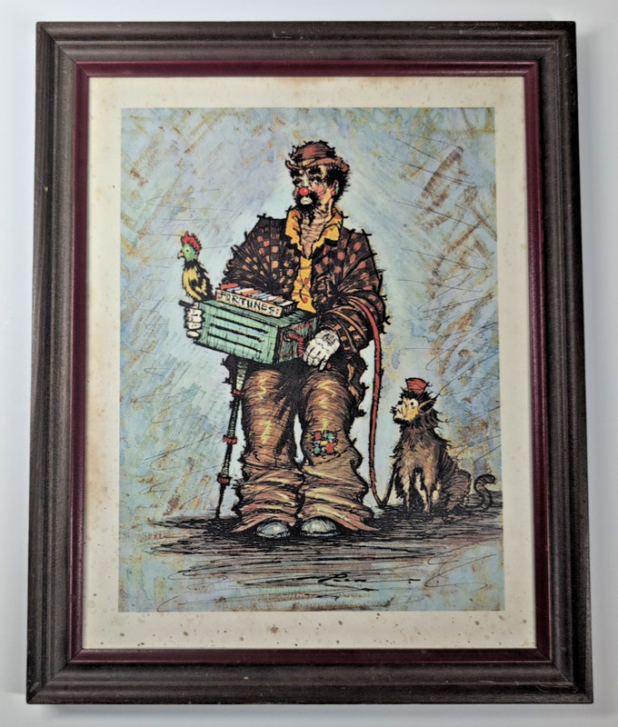 Vintage MCM Hobo Clown Organ Grinder Framed Lithograph Monkey Pen Shumaker 1960s