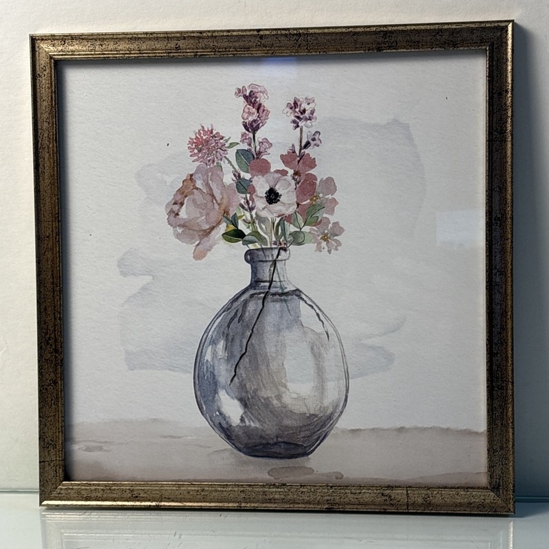 Framed Floral Vase Wall Art Soft Pastel Flowers Neutral Home Decor 9.5”