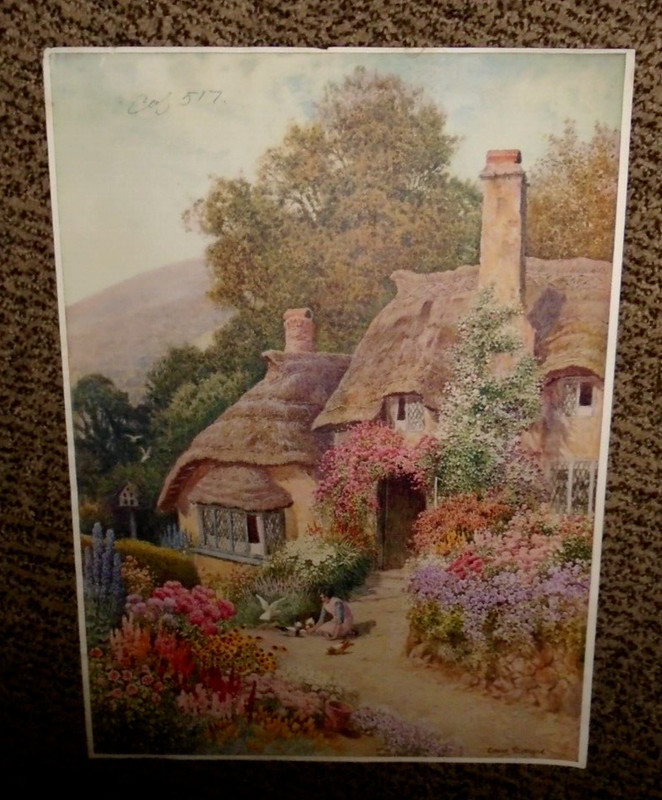 Claude Strachan Cottage Flowers Lady Feeding Bird 14.25"x10.75" Sample Print VTG