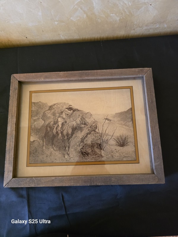 Vintage 1974 Lucid Lines Glass Print Frederic Remington Apache Indian Framed Art