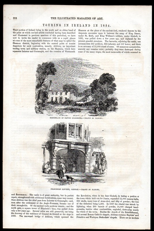 BIRTHPLACE OF OLIVER GOLDSMITH - FRANCISCAN CONVENT, GALWAY 1854 ANTIQUE PRINT gallery