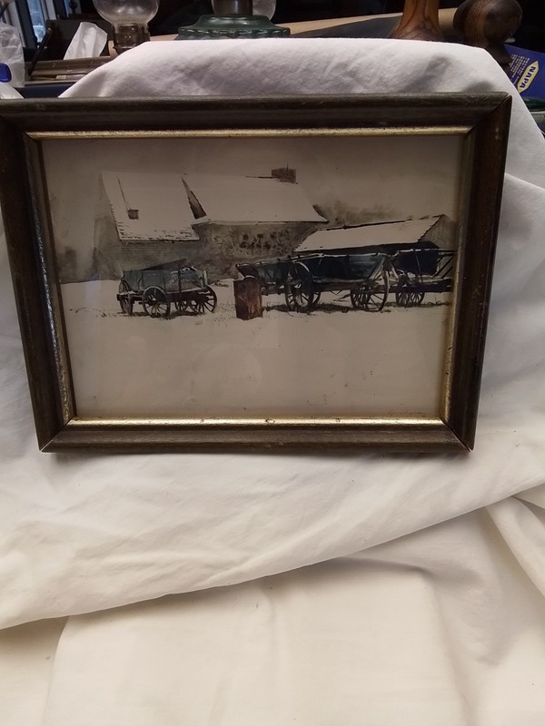 7 3/4″×5 1/2″ Framed Print Of Barn And Wagons In Winter Snow
