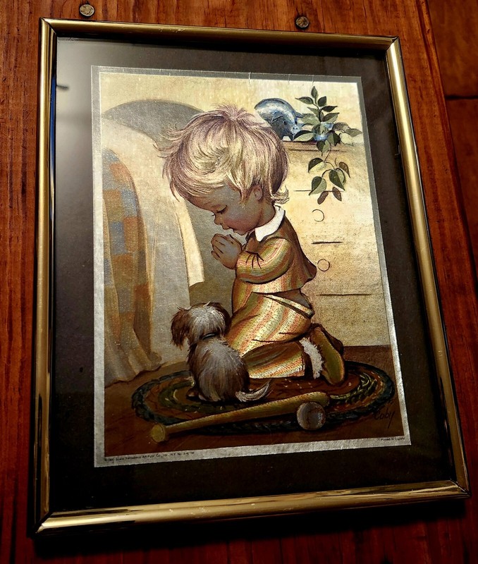 Rare Vintage 1980 Framed Coby Foil Print Boy Praying Prayer Child’s Room Art