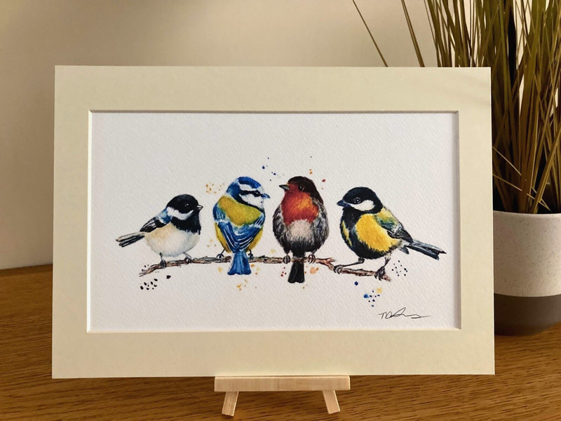 Birds on branch a4 mounted art print watercolour robin, blue tit wall decor