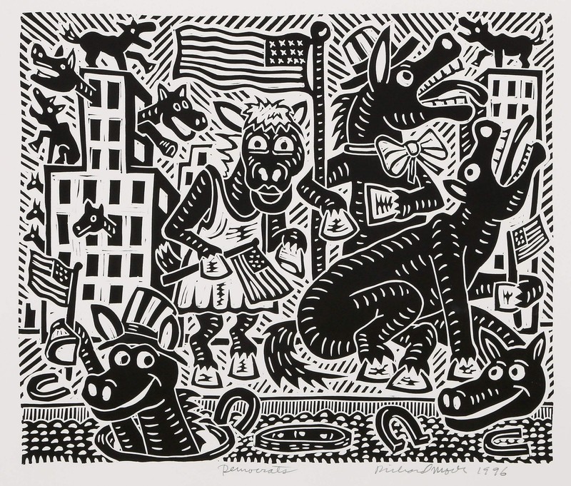 Richard Mock, Democrats, Linocut on BFK Rives, signed, titled, dated and numbere