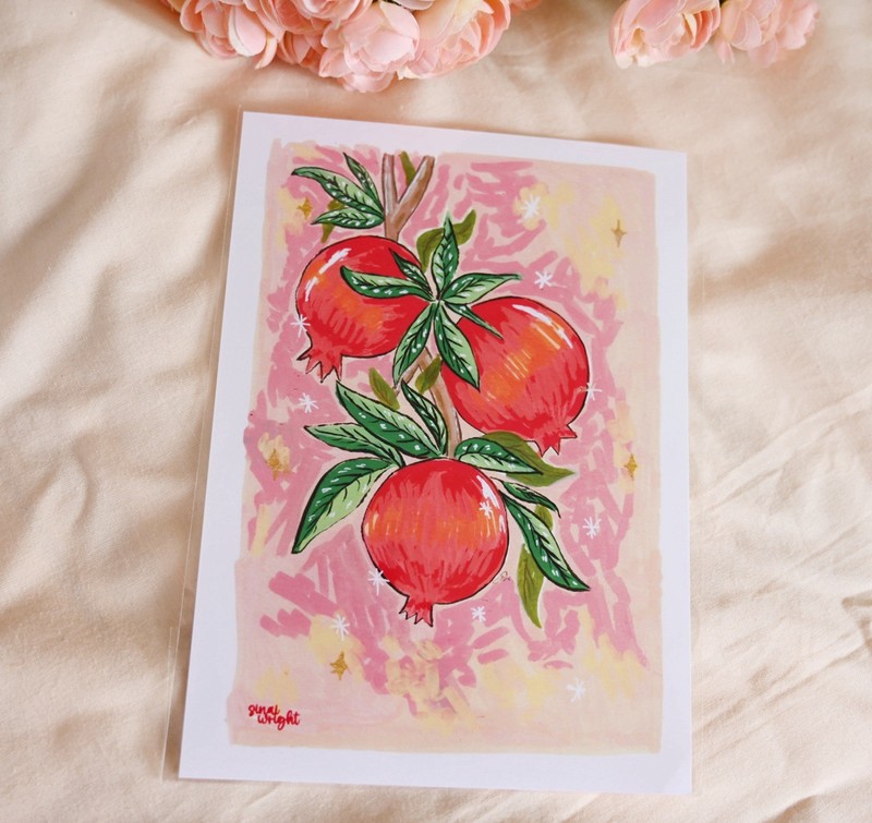 Pomegranate Fruit Art PRINT Illustration Drawing on Paper by Sinai Art