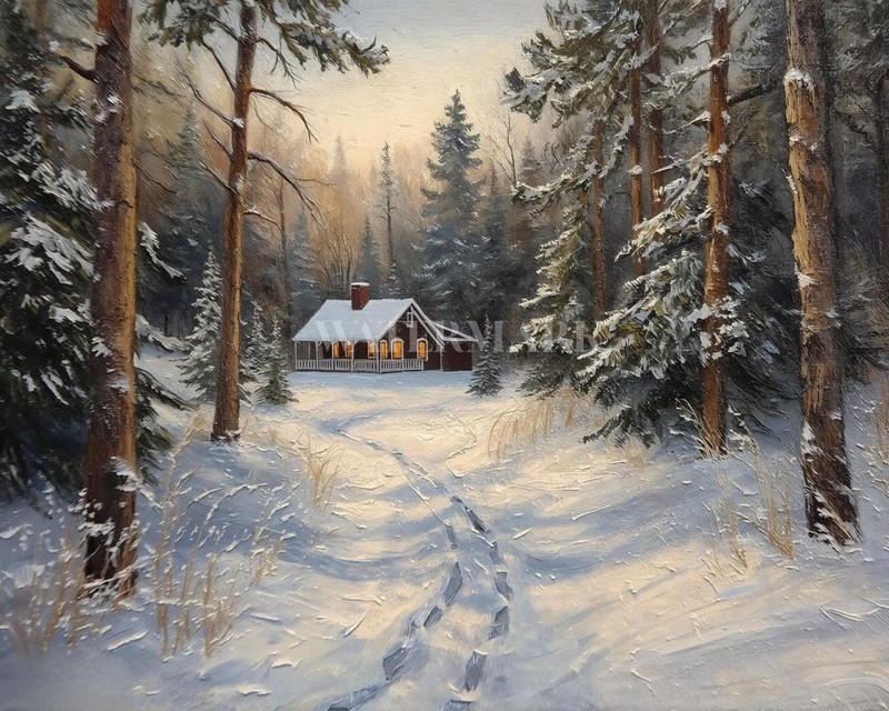 Winter Cabin landscape with Snowy Pine Trees Oil painting 8"x10" Art Print