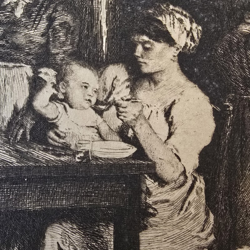 Antique Etching “Supper Time” by Courtry after Lhermitte – Rural Scene gallery