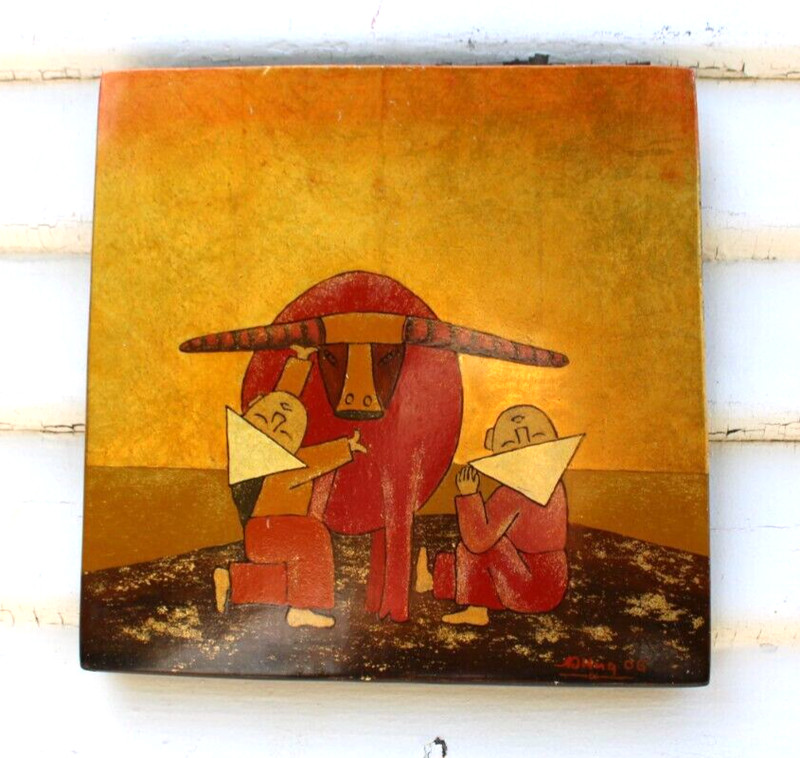 Vietnam Farmer Man With Oxen Painted Wood Picture Art Gold Leaf #2 gallery