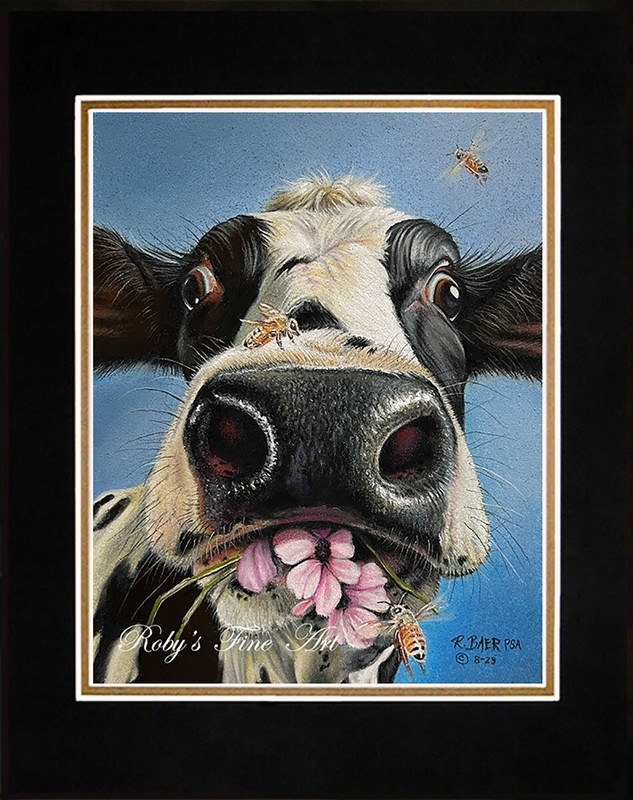 Matted Cow and Bee Art Print «Petal Pushers» 11 x 14″ Mat by Artist Roby Baer