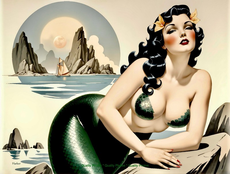 Mermaid on Rock Sailboat Pinup 8.5×11″ Photo Print Style of Vargas / Harker Art