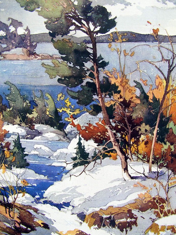 Vintage art Garnet Hazard Canada Winter Stream Trees scene