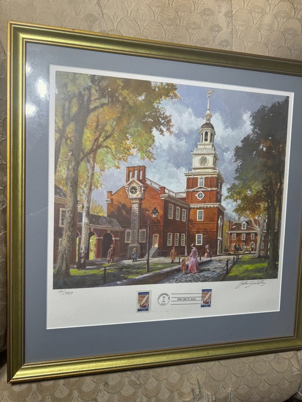 John Swatsley (Born 1937) «Independence Hall» LE Print/Stamps-Hand Signed/Framed