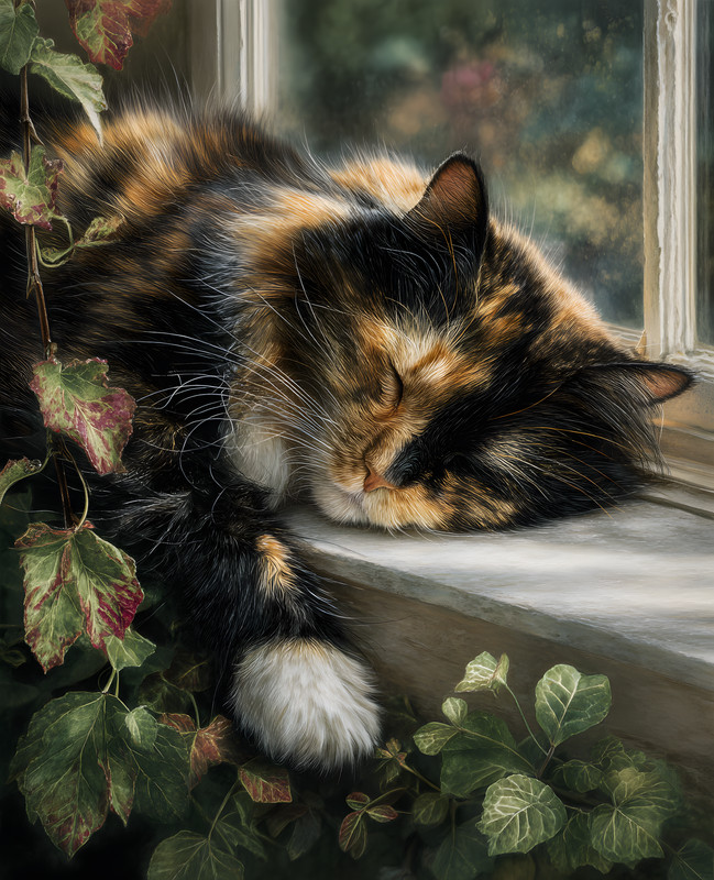 8×10 Cottagecore Storybook Sleeping Cat on Window Sill Art Print – 378965153