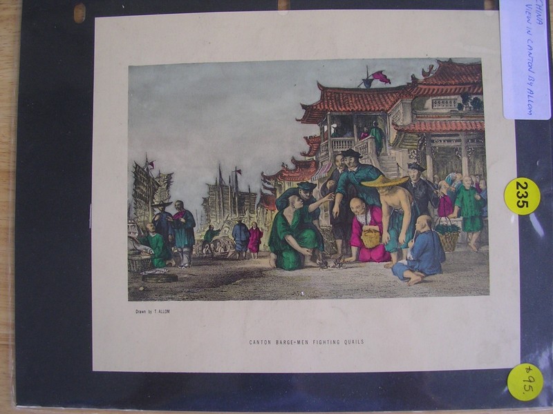 THOMAS ALLOM CHINA Vintage Print CANTON BARGE MEN FIGHTING QUAIL,1843 age unknow