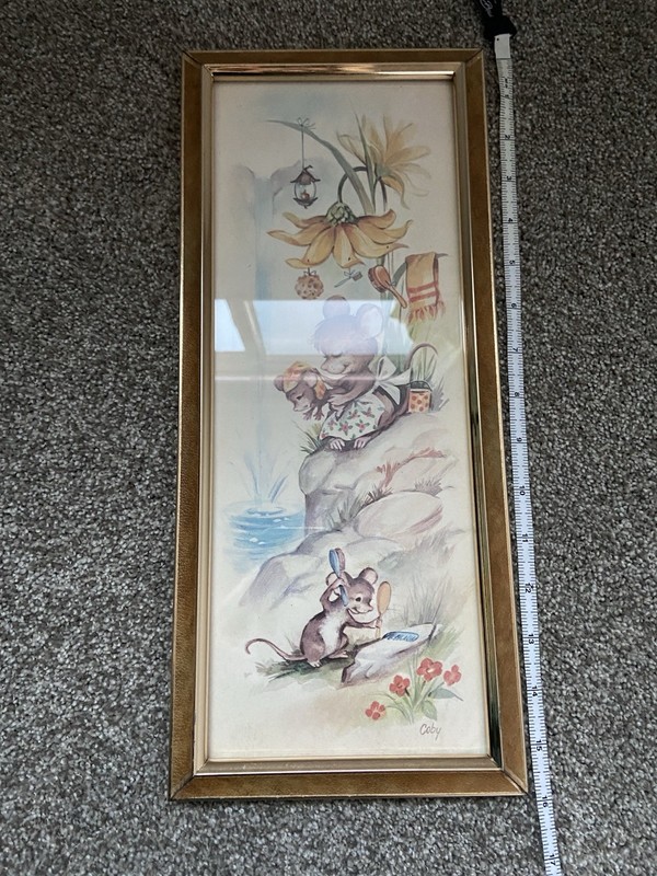 Vintage Kitsch Art Coby Mice Bathing Bathroom Print Anthropomorphic Framed 16x7 gallery