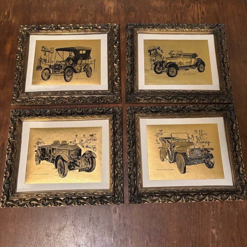 Dufex 1902-1926 Gold Foil Print Classic Cars Gold Black Frames Vintage Set Of 4