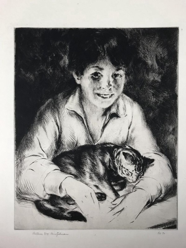 Arthur Heintzelman. “Boy and Cat” Drypoint Signed LE etching on laid paper. gallery