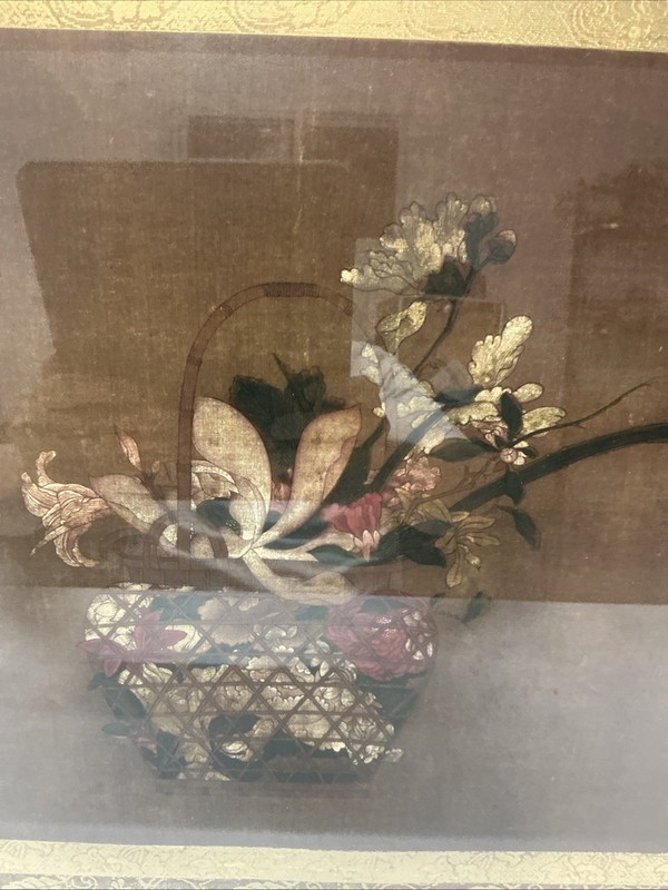 Chinese Ming Dynasty Floral Still Life Print Basket Filled W/Flowers Framed Vtg.