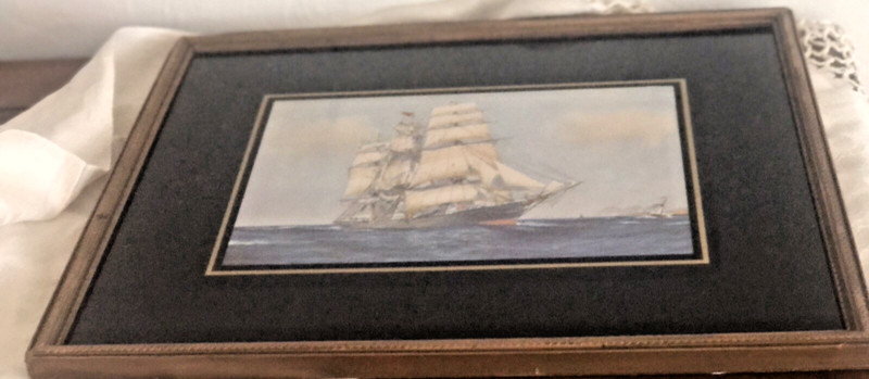 Vintage Sailing Ship Print Reverse Paint on Glass Mat in Wood Frame 12"x15" gallery