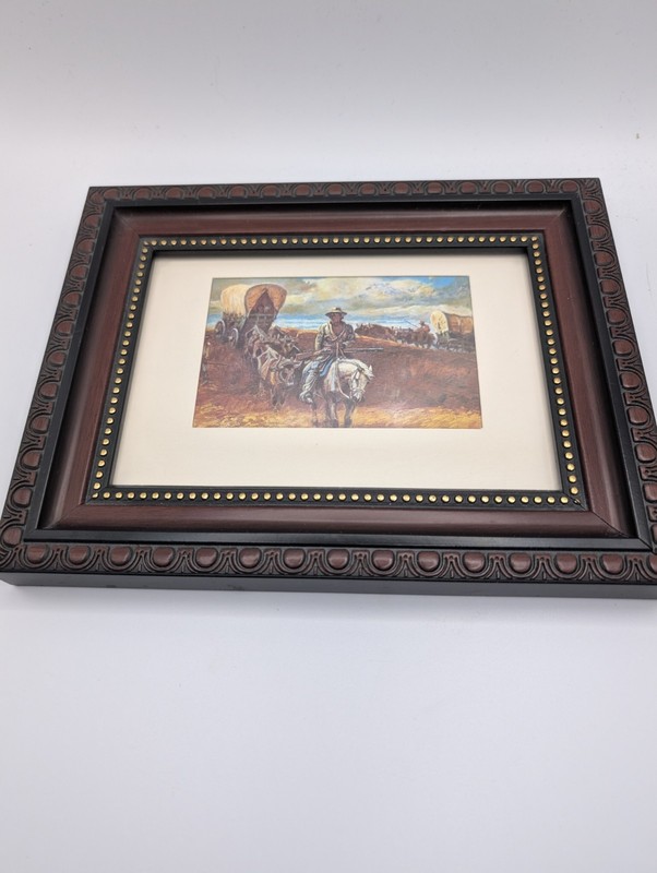 Vintage Western Cowboy Ornately Framed Print 7x9" Covered Wagon, Horses gallery