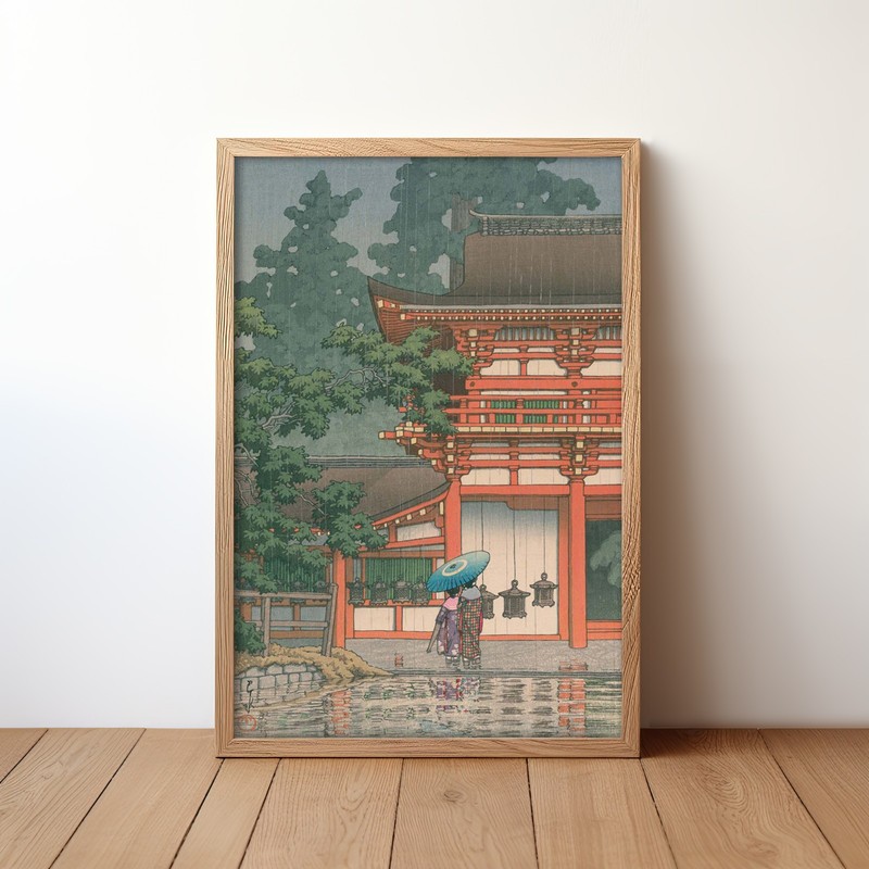 Kawase Hasui Canvas Art Print – Kasuga Shrine in Nara, Rainy Day, Red Temple