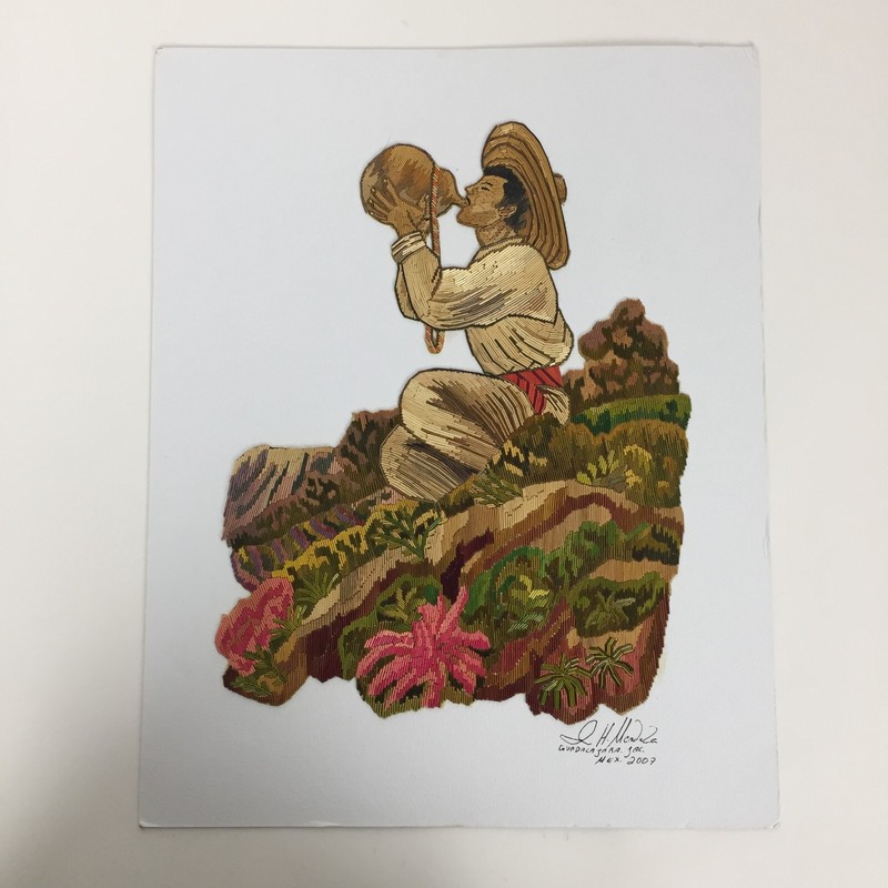 Isabel Mendoza Straw Art Unframed 11 x 14 Man Drinking Water RARE One Of A Kind