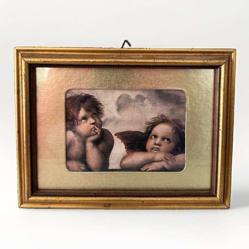 VINTAGE FRAMED PRINT Raphael Cherub Angels Gold Gilt Frame MADE IN ITALY