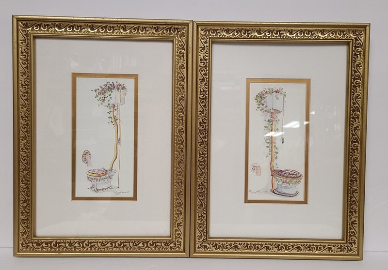 Pair of 2 Floral Bathroom Art Prints by Peggy Abrams Framed 15×11 in