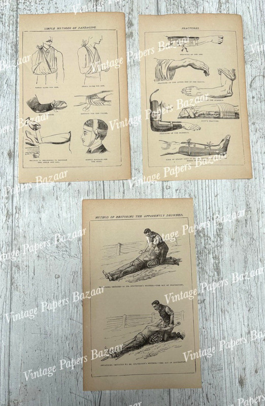 3x Antique B&W Prints 1893 Victorian Era First Aid Techniques Illustrations