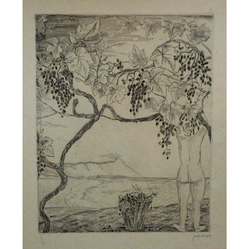 c 1920 Joseph Hecht "Vendange" (Grape Harvest) Engraving Antique Original Print