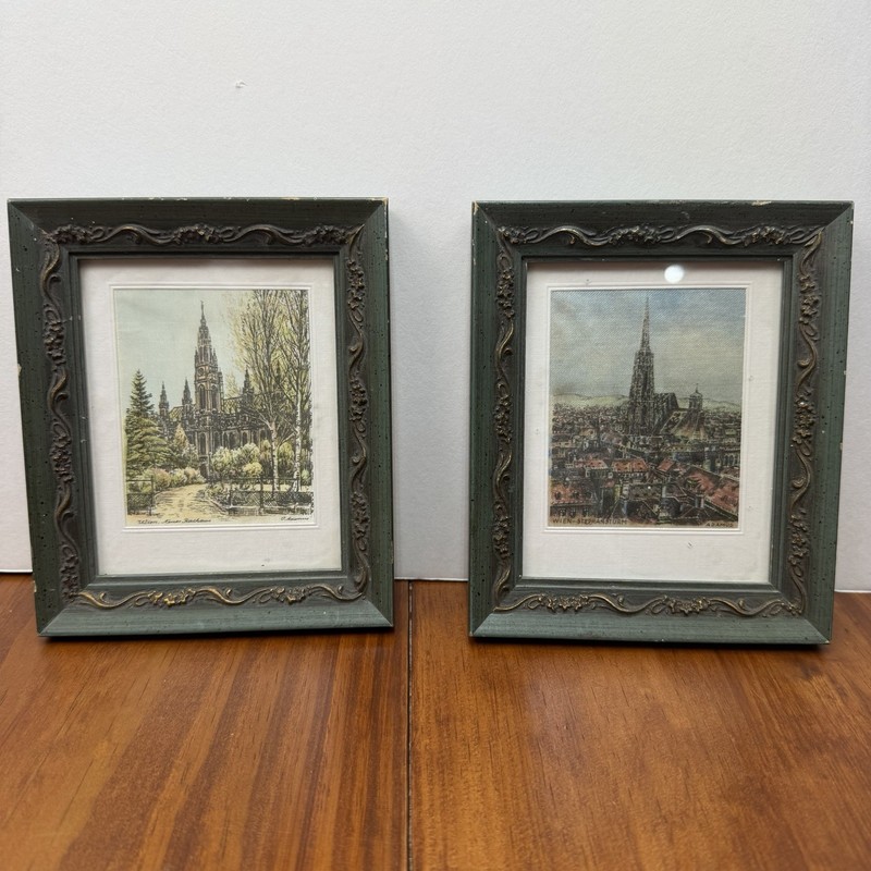 Vintage Ludwig Adamus Vienna Silk Etchings Framed Pair Rathaus & Stephansdom